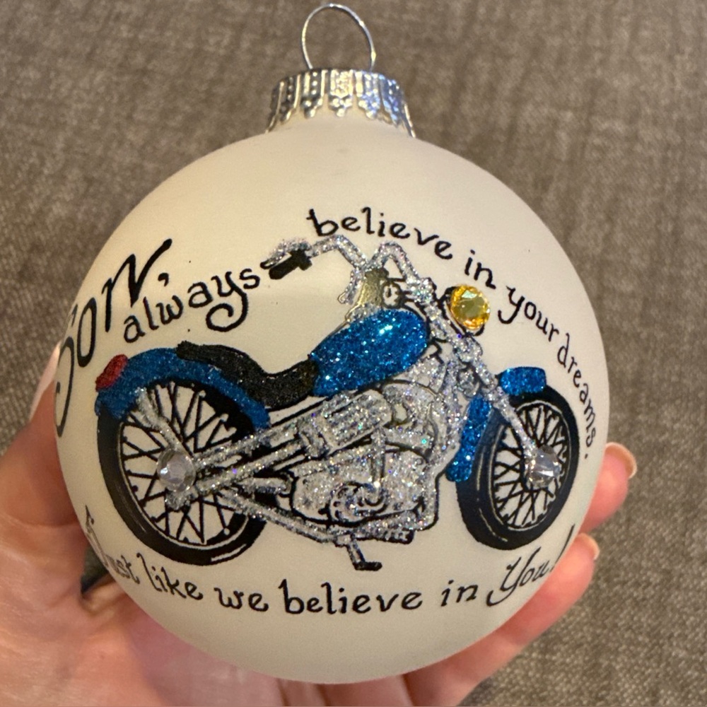 Blue and Silver Son Motorcycle Holiday Ornament